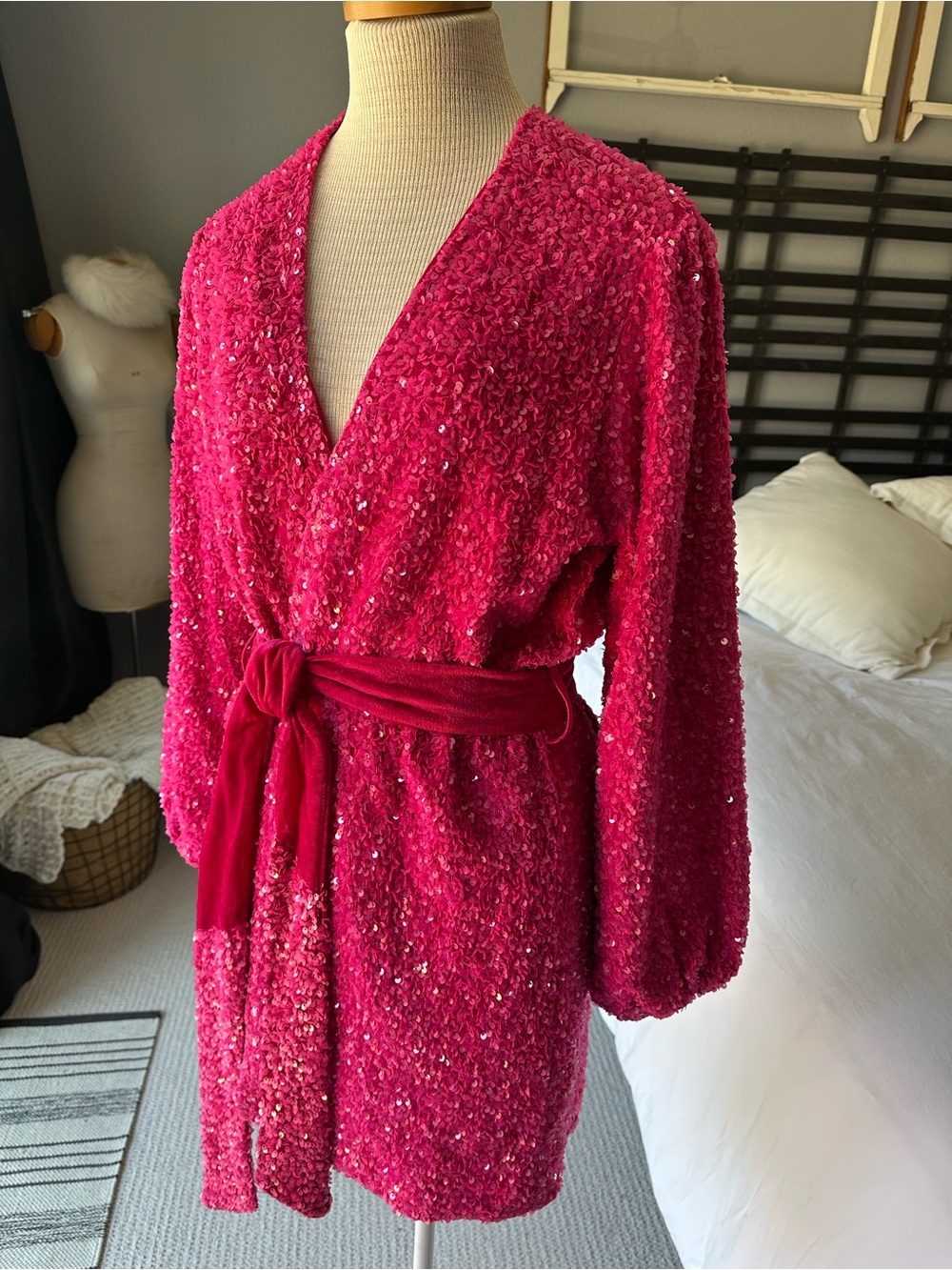 Blue B Collection, Bright Pink Sequin Wrap Mini Dress with Belt, size large - Picture 8 of 16